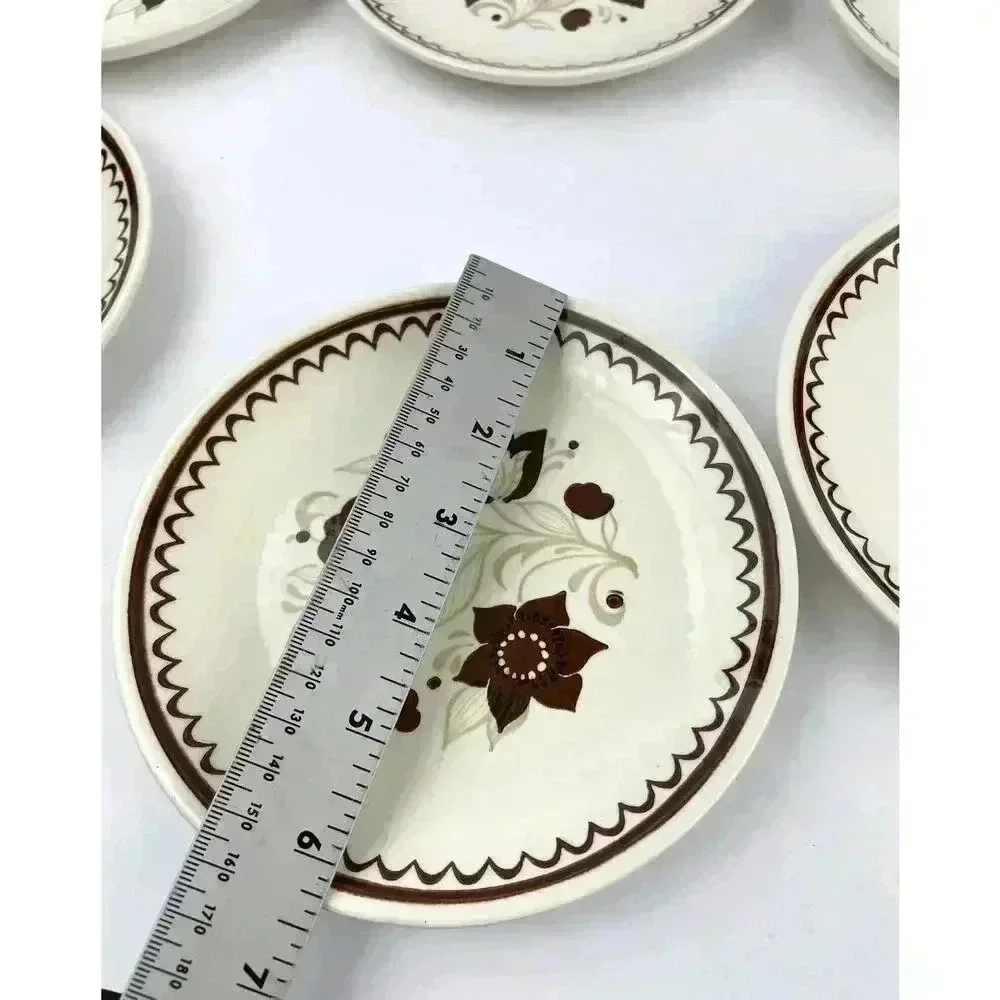 VTG Set of 6 1970's Floral Dessert Plate Brown‎ Tan Flowers 6